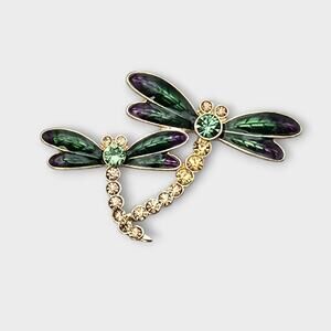 Green & Purple Dragonfly Duo Rhinestone Brooch – Vintage Fairycore Insect Pin